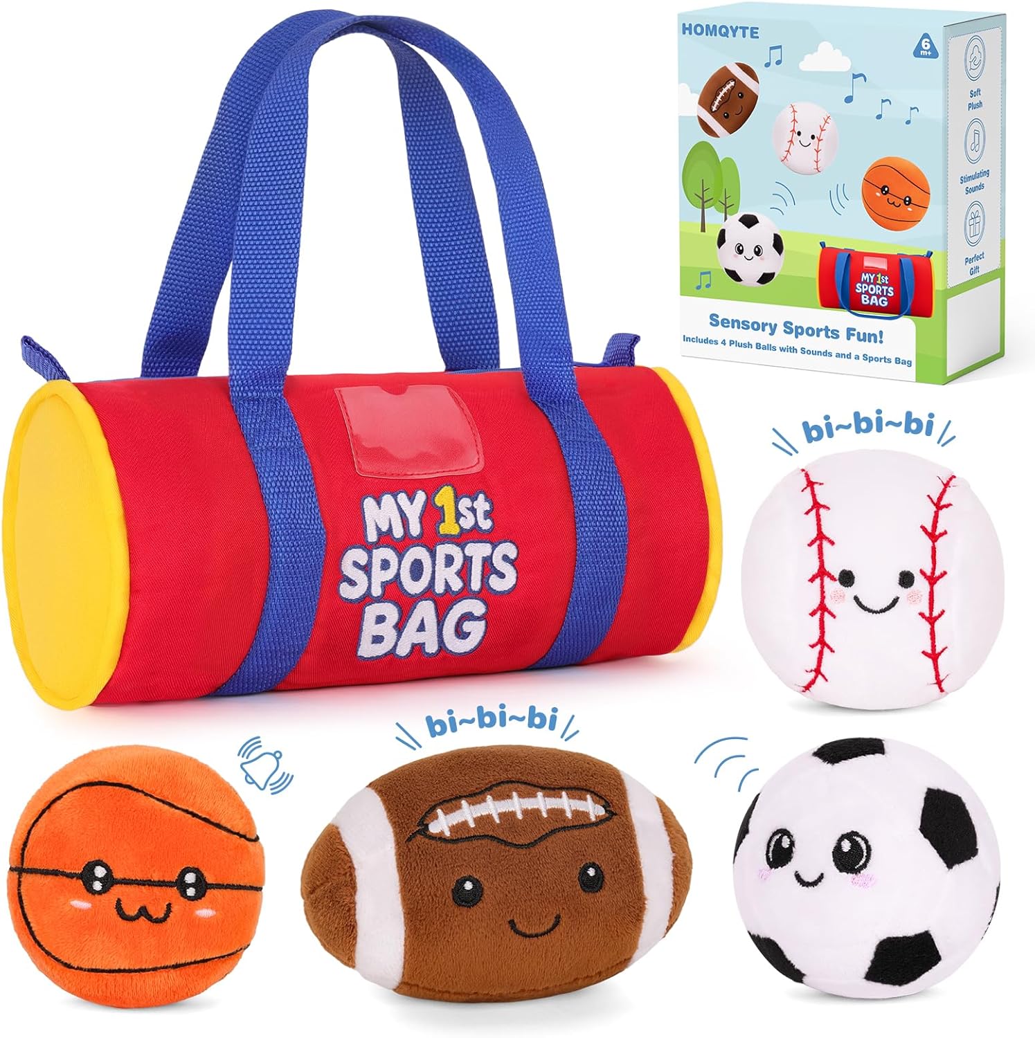 My 1st Sports Bag Plush Toy Playset with Soft Stuffed Balls, Basketball Baseball Football Soccer Ball Plush, Sensory Baby Toys for Toddlers Boys Girls (Sports Bag)